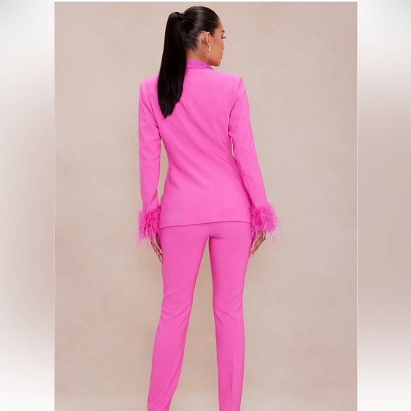 Clarissa Embellished Feather Blazer Suit Set - Hot Pink - Picture 5 of 5